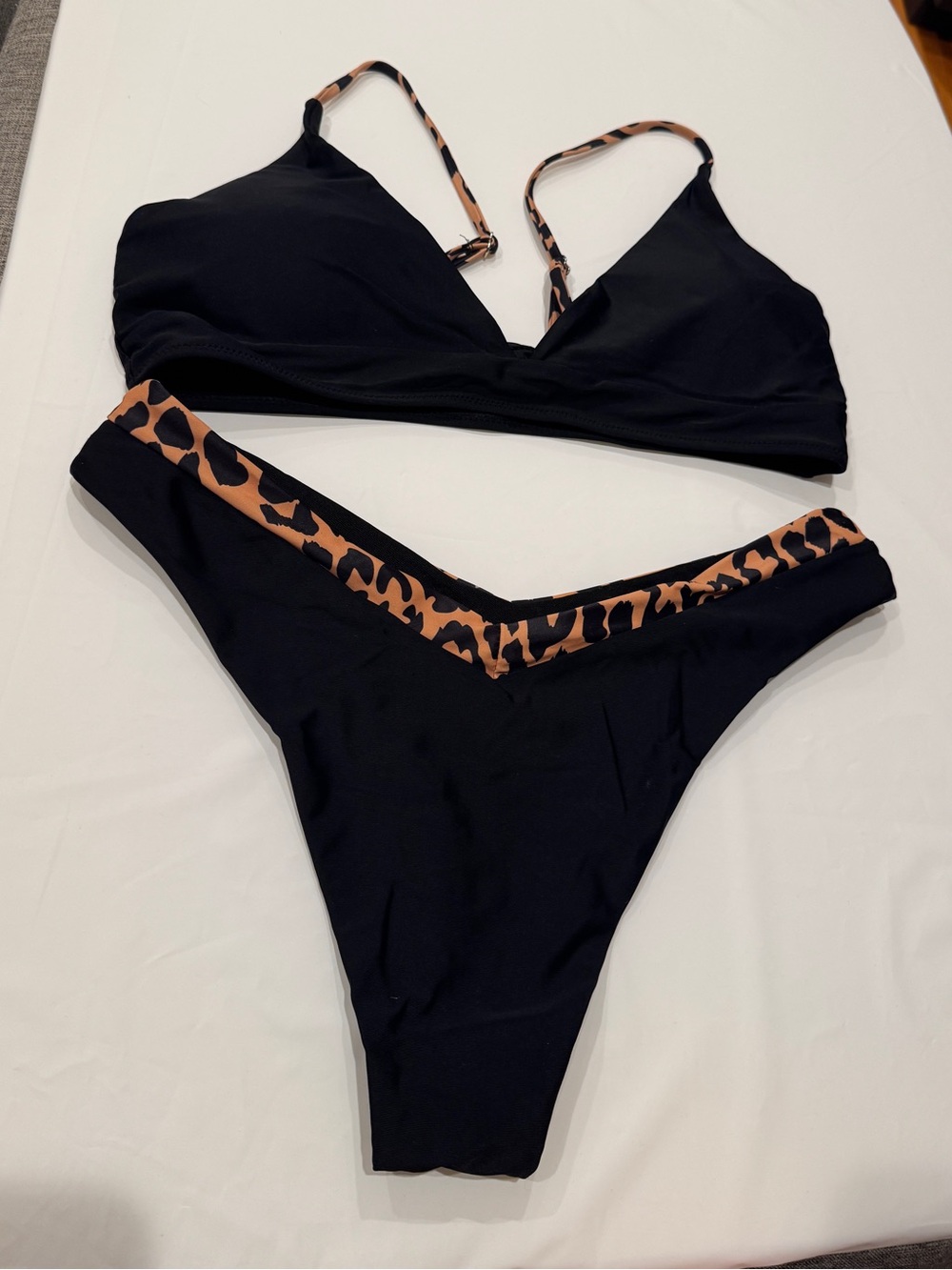 SHEIN Black Bikini Set with Brown Leopard Trim